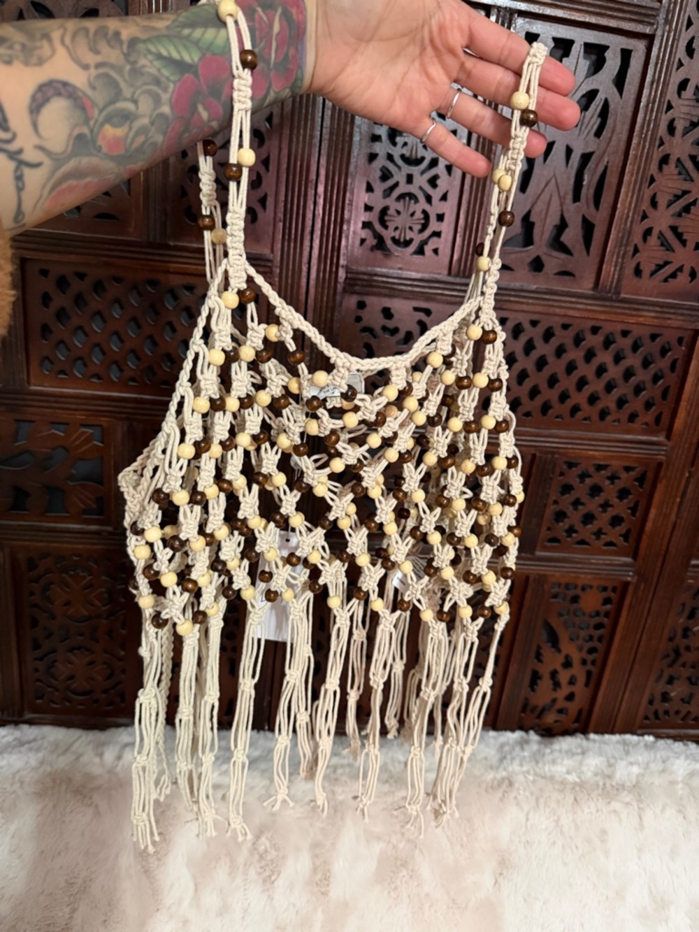 Sage Macramé Beaded Fringe Crop Top - Cream & Brown